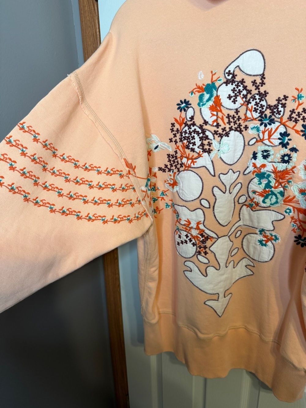 Free People  At My Best Embroidered Peach Embroidered Sleeve Hoodie - Women - Picture 4 of 9
